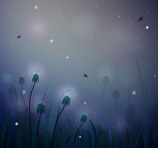 summer night, fairy dandelion at night, fireflight, - Vector, Image