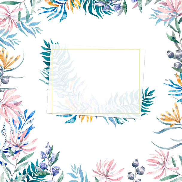 Watercolor exotic square frame with tropical leaves, flowers and toucan for wedding, invite, birthday card. Isolated illustrarion summer colors, design vertical frame on white background - Photo, image