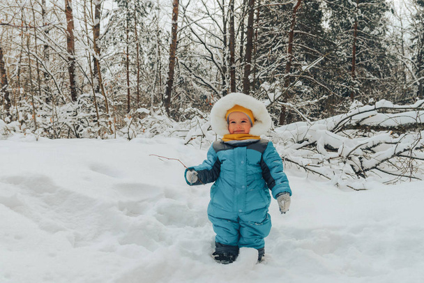 A child for a walk in the winter. Family walks in nature in winter. Family walk. Winter forest. Snow park. - Фото, зображення