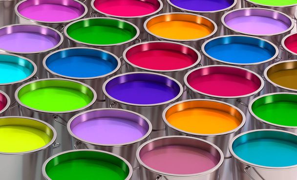 Silver Paint Buckets with acrylic colors- 3D Rendering - Photo, Image