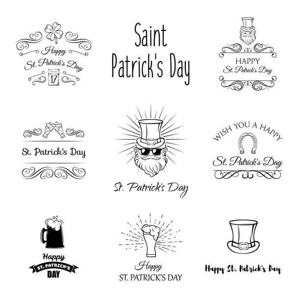 Лейблы дня Святого Патрика установлены. Календарь, клевер, лепрехт, четыре леопарда, Ирландия, зеленый, бородатый конский флаг пива эль Сент-Патрик
 - Вектор,изображение
