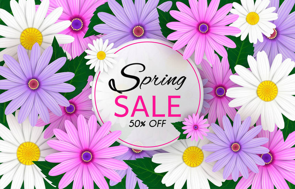 Spring Sale Banner background with beautiful colorful flowers ar - Vektori, kuva