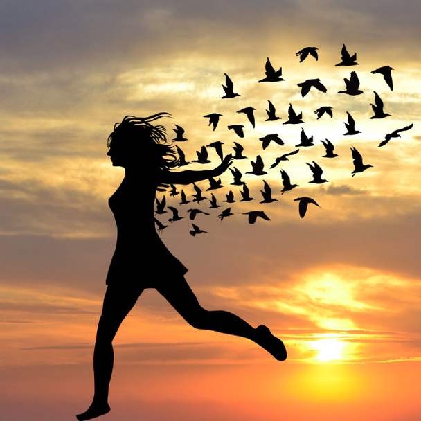 Silhouette de jeune femme sautant avec des oiseaux volant de son
 - Photo, image