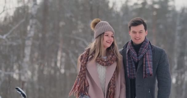 Talvella luminen metsä, nuoret miehet ja naiset pukeutunut takit ja huivit kävelevät ja pitää hauskaa. Rakastava pari viettää yhdessä Ystävänpäivä
. - Materiaali, video