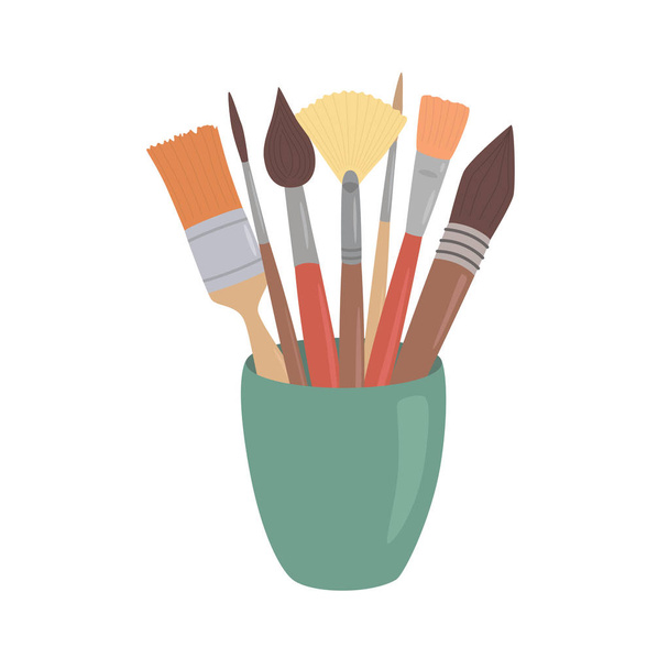 Paint brushes in cup. Cartoon style design element for artist workplaceeinterior, school class, desk top - Vector, Image