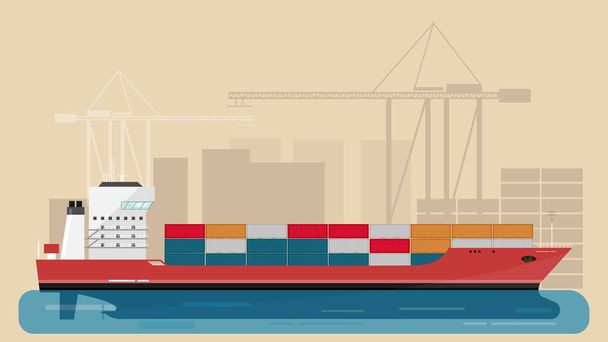 Cargo Sea Port with Cargo Freight Ship and Harbour Port Cranes and City Elements. Vector Illustration. - Vector, Image