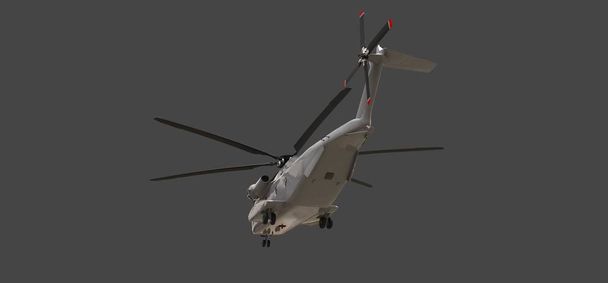 Askeri taşıma veya kurtarma helikopteri gri arka plan üzerinde. 3D çizim. - Fotoğraf, Görsel