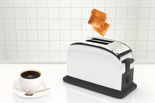 τρισδιάστατη απεικόνιση του ψωμιού που βγαίνει από μια τοστιέρα δίπλα σε ένα φλιτζάνι του καφέ - Φωτογραφία, εικόνα