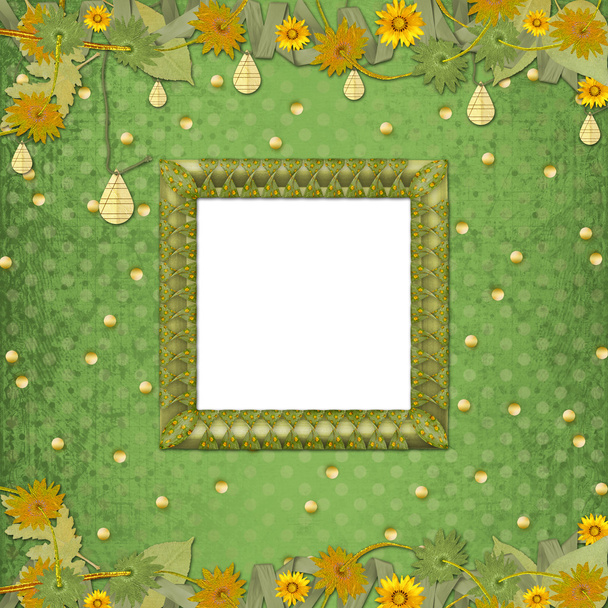Wooden frame on the abstract background with bunch of flowers a - Photo, Image