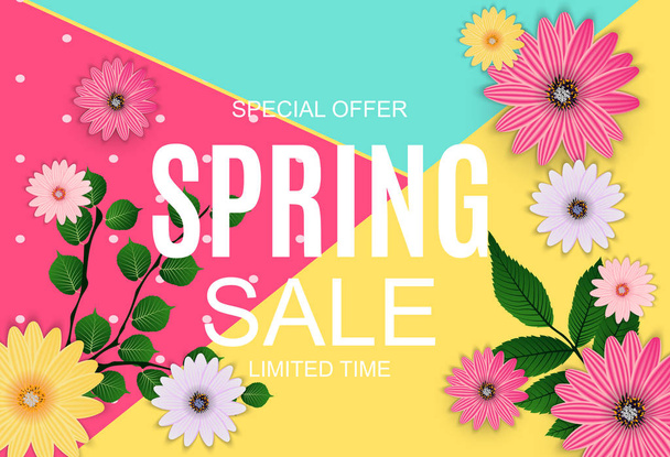 Spring Sale Cute Background with Colorful Flower Elements. Vector Illustration - Vector, Image