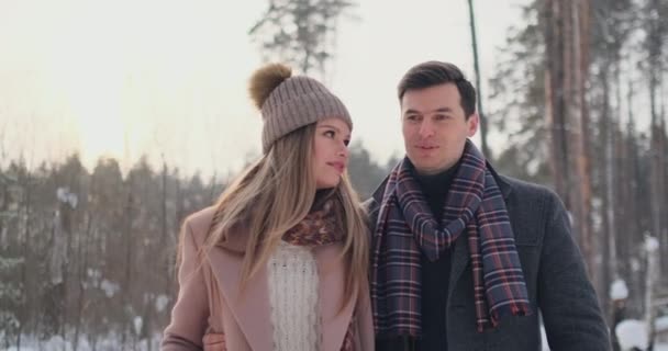 Im winterlich verschneiten Wald spazieren und amüsieren sich junge Männer und Frauen in Mänteln und Schals. Liebespaar verbringt gemeinsamen Valentinstag. - Filmmaterial, Video