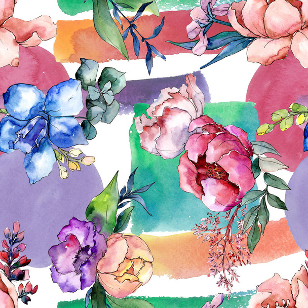 Peony bouquets floral botanical flower. Watercolor background illustration set. Seamless background pattern. - Фото, зображення