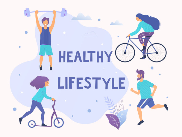 Healthy active lifestyle vector illustration. Different physical activities: running, bodybuilding, scooter, nordic walking. - Wektor, obraz