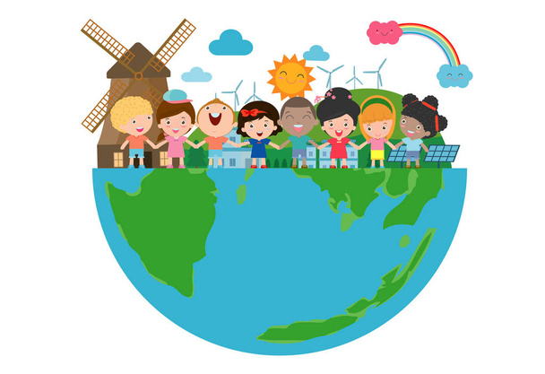 Earth Day, retten Sie die Welt, retten Sie den Planeten, Ökologie-Konzept, niedliche Comic-Figur auf weißem Hintergrund Vektor Illustration isoliert, Poster und dekorieren Sie Ihren Blog oder Ihre Website - Vektor, Bild