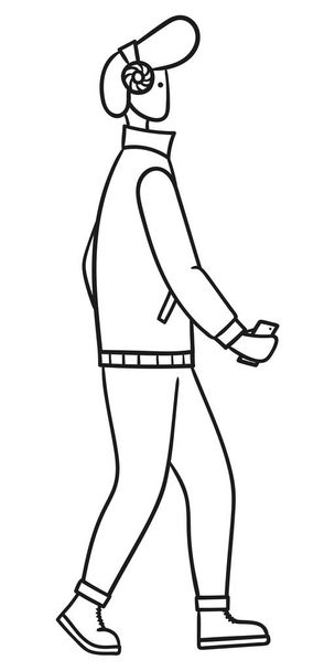 Kreslenou vektorové nastínil obrázku muže s stylový účes ve světlé bezdrátová sluchátka poslechu hudby - Vektor, obrázek