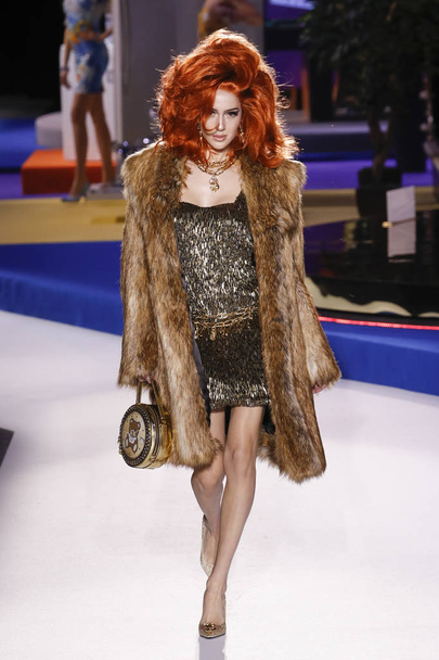 MILAN, ITALY - FEBRUARY 21: Teddy Quinlivan walks the runway at the Moschino show at Milan Fashion Week Autumn/Winter 2019/20 on February 21, 2019 in Milan, Italy. - Photo, Image
