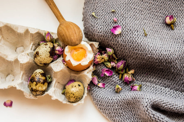 Tojás főtt nyers csirke tojás fürj tojás tálca fakanállal reggeli fehér - Fotó, kép