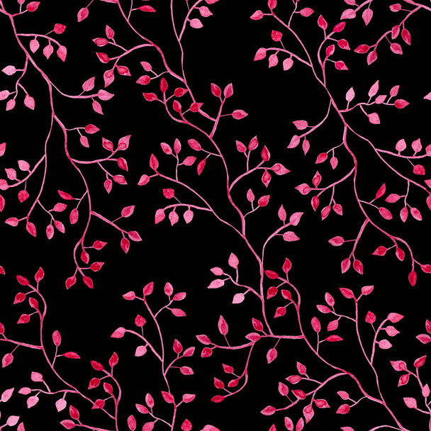 Pink branch plant, botanical watercolor painting - seamless pattern with tree on black background - Foto, Imagen