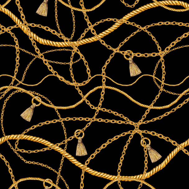 Golden chain glamour seamless pattern illustration. Watercolor texture with golden chains. - 写真・画像