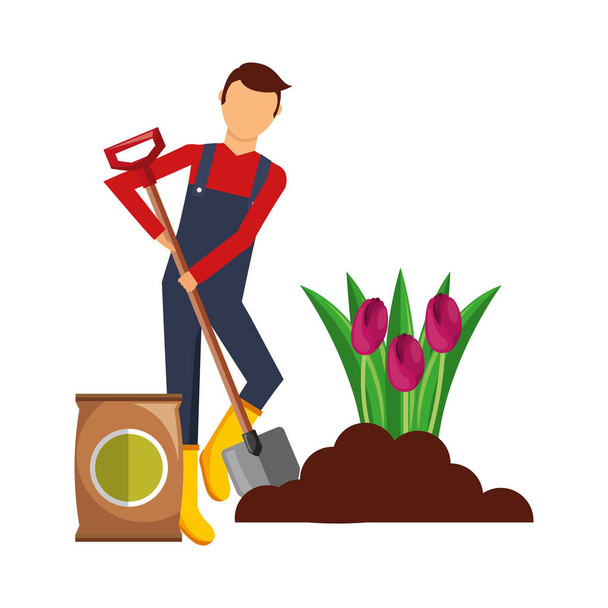 zahradník muž výsadbu květin s pytlem půdy a lopatu - Vektor, obrázek