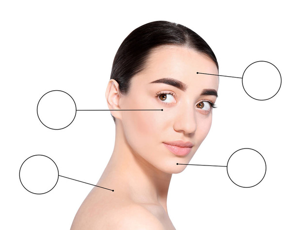 Portrait of young woman after cosmetic surgery on white background. Skincare concept - Photo, Image