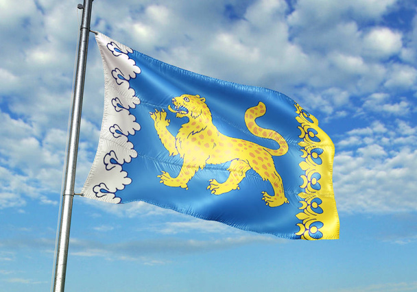 Oblast Pskov regio van Rusland vlag zwaaien hemel achtergrond 3d illustratie - Foto, afbeelding