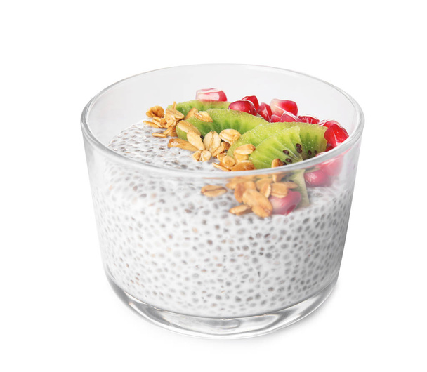 Dessert bowl of tasty chia seed pudding with granola isolated on white - Photo, image