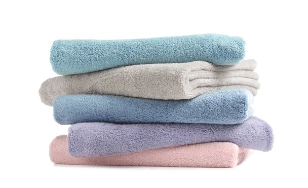 Stack of clean soft towels on white background - Photo, image
