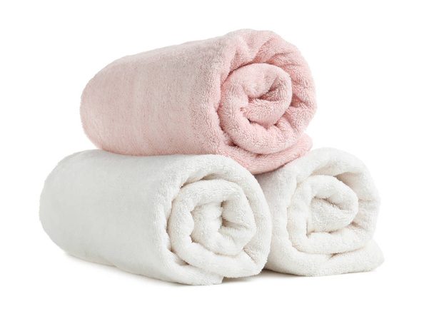 Rolled soft terry towels on white background - Foto, imagen