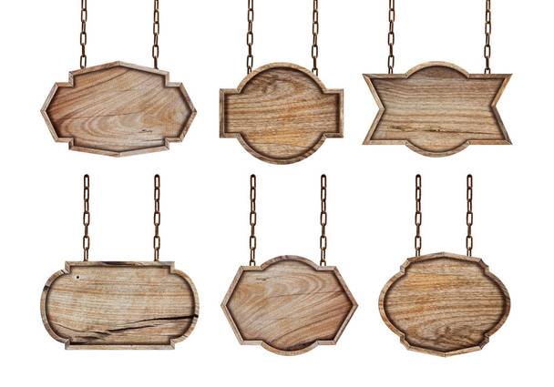 Colección de letreros de madera con cadena sobre fondo blanco
 - Foto, Imagen