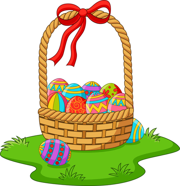 Illustration vectorielle du panier avec des œufs de Pâques dans l'herbe
 - Vecteur, image