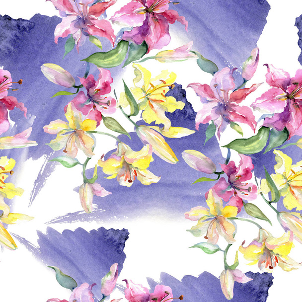 Жовті та фіолетові лілії квіткові ботанічні квіти. Набір ілюстрацій для акварельного фону. Безшовний візерунок тла
. - Фото, зображення