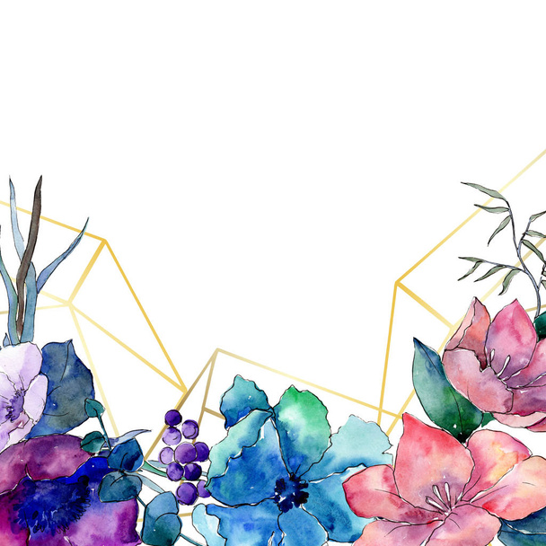 Μπουκέτο λουλουδιών βοτανικό λουλούδια. Ακουαρέλα φόντο εικόνα σύνολο. Πλατεία στολίδι κρύσταλλο σύνορα καρέ. - Φωτογραφία, εικόνα
