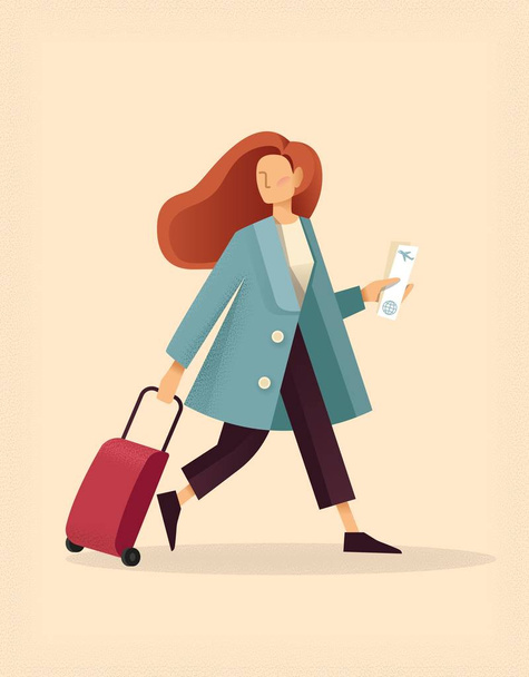 Dívka cestovní kufr a letenku. Plochý obrázek - Vektor, obrázek
