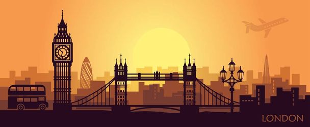 Paisaje estilizado de Londres con Big Ben, Tower Bridge y otras atracciones
 - Vector, imagen