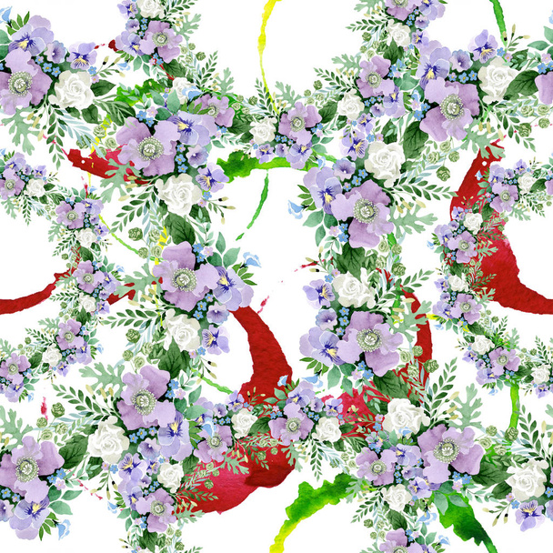 Violet bouquet floral botanical flowers. Watercolor background illustration set. Seamless background pattern. - Фото, изображение