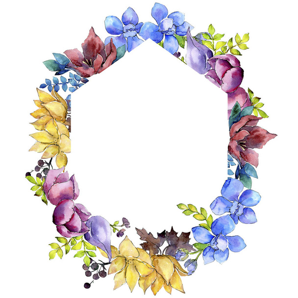 Bouquet composition floral botanical flowers. Watercolor background illustration set. Frame border ornament square. - Zdjęcie, obraz