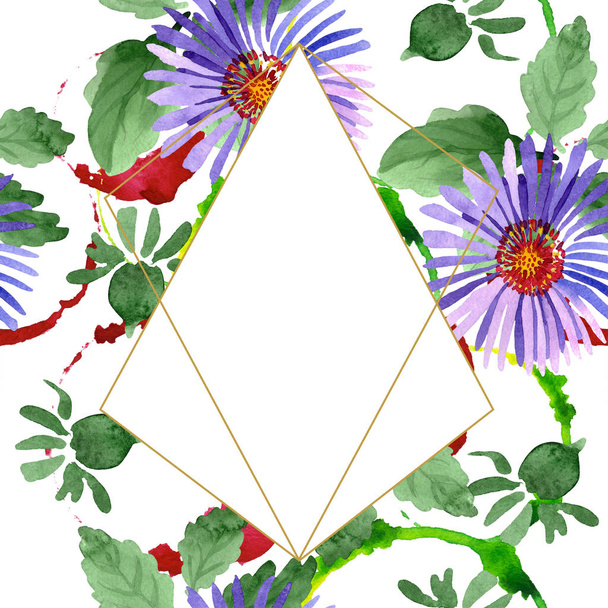 Blue violet asters botanical flower. Watercolor background illustration set. Frame border crystal ornament square. - Φωτογραφία, εικόνα