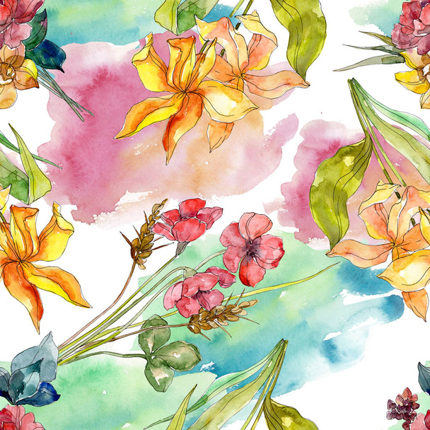 Luxus divat nyomtat, vadvirágok botanikai virágokkal. Akvarell illusztráció készlet. Varratmentes háttérben minta. - Fotó, kép