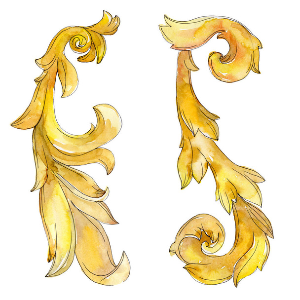 Gold monogram floral ornament. Baroque design isolated elements. Watercolor background illustration set. - Фото, зображення