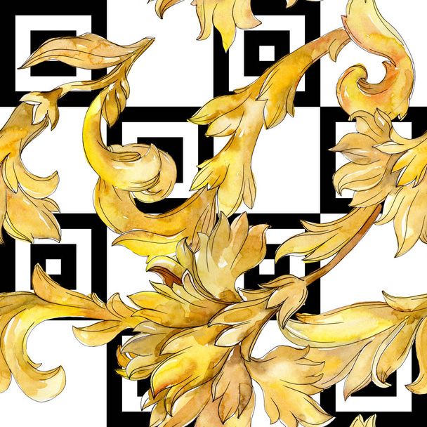 ゴールド ・ モノグラムの花飾り。水彩画背景イラスト セット。シームレスな背景パターン. - 写真・画像