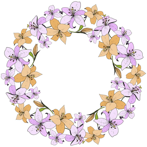 Vektorlilie blumige botanische Blume. wilde Frühlingsblume. Tuschebilder. Rahmen Rand Ornament Quadrat. - Vektor, Bild
