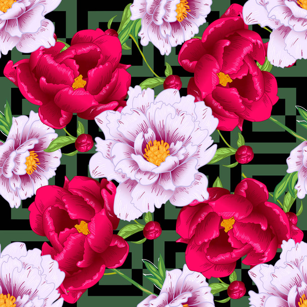 Vector red and pink peony floral botanical flowers. Engraved ink art. Seamless background pattern. - Vector, Image