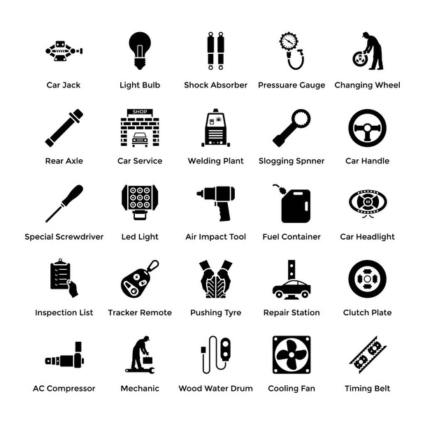 Automobile Parts and Repair Car Services solid Icons Set - Vektör, Görsel