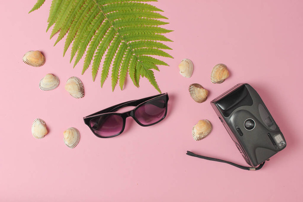 Ретро-камера, лист папороті, черепашки, сонцезахисні окуляри на рожевому пастельному фоні. Концепція подорожей, туризму, пляжного курорту. Найкращий перегляд
 - Фото, зображення
