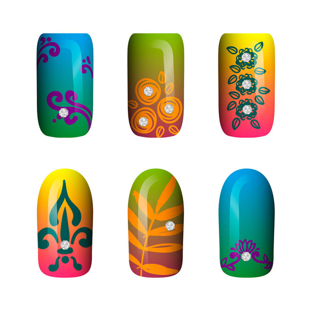 set of colored painted neon nail stickers. manicure art. nail polish. isolated on a white background - Vektor, kép