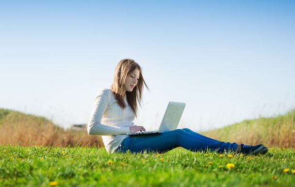girl with laptop - Фото, изображение