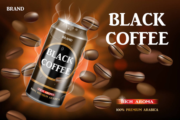 Café enlatado negro realista con granos girando alrededor. Producto café bebida diseño con fondo bokeh. Ilustración vectorial 3d
 - Vector, imagen