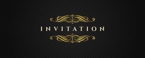 Template invitation with glitter gold flourishes elements on a black chevron pattern  - vector illustration - Вектор,изображение