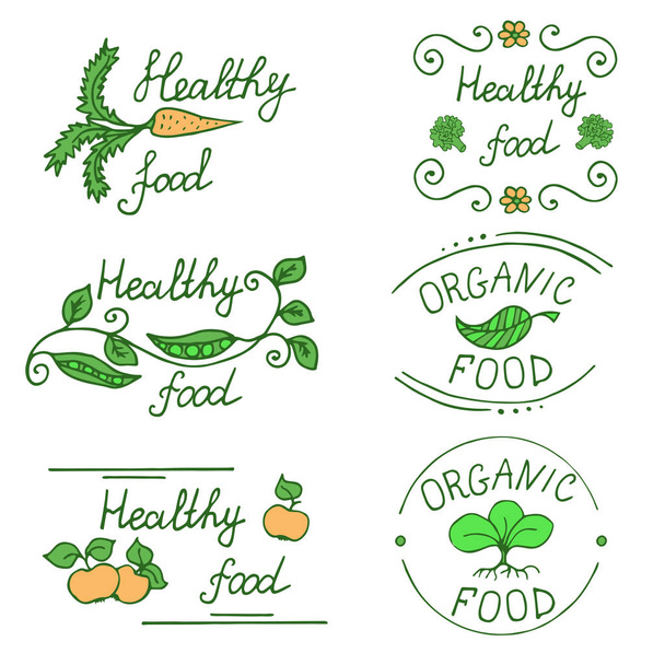 Ікони для здорової їжі та органічних продуктів, намальованих вручну. Набір етикеток для ринку продуктів харчування
. - Вектор, зображення